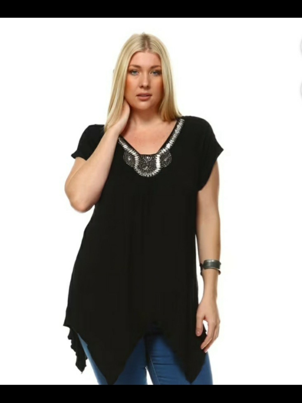White Mark Navy Embellished V-Neck Tunic - Picture 2 of 9